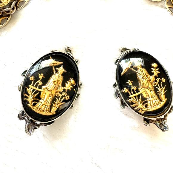 Whiting & Davis Attributed Asian Bracelet Earrings Reverse Intaglio Vintage 50s - Picture 2 of 7